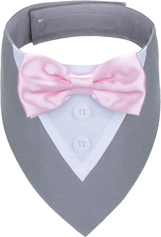 ADOGGYGO Formal Dog Tuxedo Wedding Pet Bandana Collar with Bowtie, Adjustable Birthday Wedding Formal Tux Costumes for Medium Dogs Pets (M, Grey)