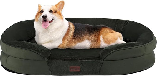 Dwanton Orthopedic Dog Bed for Medium Dogs with Gel Memory Foam, Waterproof Dog Sofa, Washable Pet Bed with Four Sided Bolster Cushion, Removable Cover & Non-Slip Bottom, 35", Green