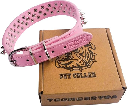 TEEMERRYCA Adjustable Leather Spiked Studded Dog Collars with a Squeak Ball Gift for Small Medium Large Pets Like Cats/Pit Bull/Bulldog/Pugs/Husky, Pink, M(12"-15")