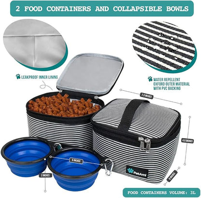 PetAmi Dog Travel Bag - Travel Pet Organizer with Food Container and Bowls, Perfect for Weekend Camping, Cat Diaper Bag (Stripe Black, Medium)