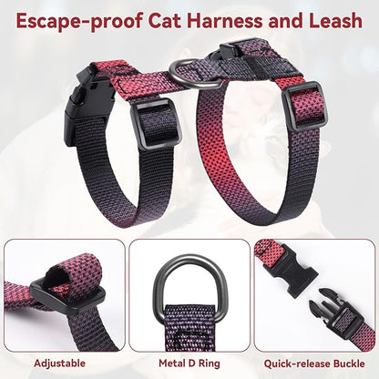 Cat Harness and Leash Set, 3-in-1 Escape Proof Adjustable, Comfortable Soft Lightweight, Safe, Easy to Wear, Walking Travel Kitten Harness for Small Medium Large Cats （Red