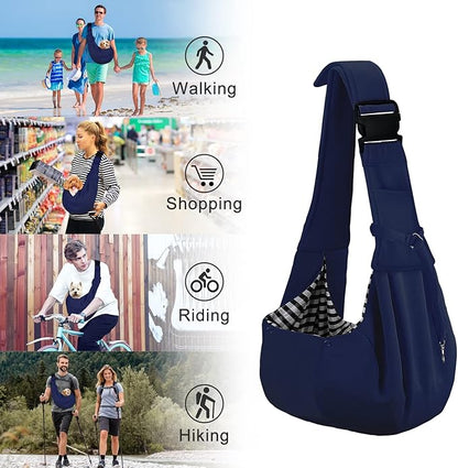 PETLOFT Reversible Dog Cat Sling Carrier, Small Dog Carrier, Adjustable Dog Sling, Hands Free Cross Body Carrier with Collar Hook for Dog/Cat/Bunny up to 11lb (Blue)