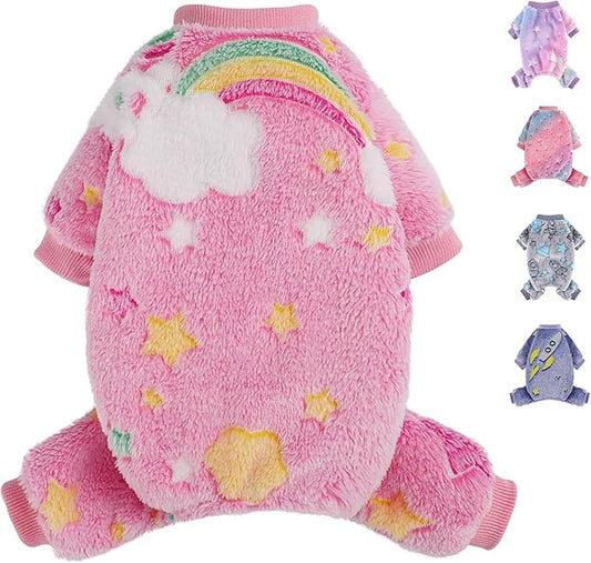 Dog Sweaters Small Girl Warm Fleece Pajamas, Cute Extra Small Dog Clothes, 4 Legs Puppy Jumpsuit Pjs Soft Stretchy Doggie Onesies Pet Outfit Apparel for Chihuahua Yorkie, Rainbow Pink, XXXS