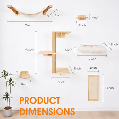 6in1 Cat Wall Shelves Climbing Systems, Large Cat Furniture Shelf Set Wall Hanging Mounted, Hammock Sisal Scratching Perch Bed 2 Steps Tower Tree for Indoor House Corner Ladder
