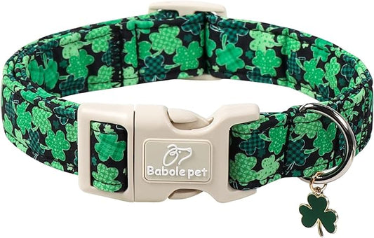 St Patricks Day Dog Collar for Large Dogs - Green Lucky Clover Dog Collars, Lightweight Adjustable Irish Festival Shamrock Dogs Collars with Quick Release Buckle L