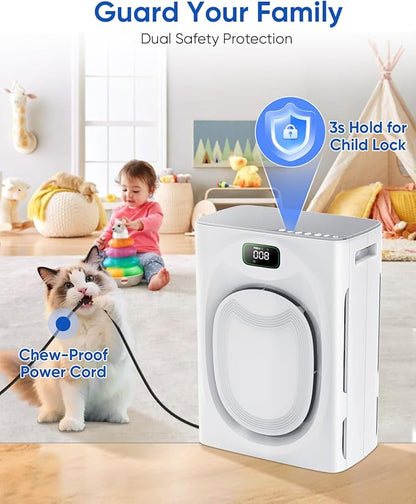 Pet Air Purifiers for Home Large Room Up to 2500 Ft², Double-Sided HEPA Air Cleaner with Washable Pre-Filter for Pet Hair Dander Odor Smoke, PM2.5 Air Quality Monitor & Auto Mode