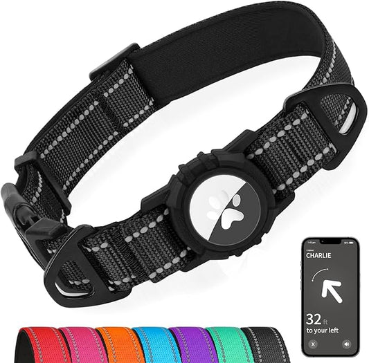Joytale Airtag Dog Collar, Dual D-Rings, Waterproof Reflective Pet Collar with AirTag Holder, Soft Padded Adjustable for Large Dogs, Black, L