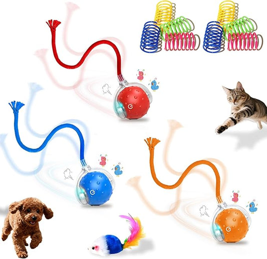 3-Pack Interactive Cat Toys Ball for indoor Cats＆Dog,Automatic Cat Toy with Smart Obstacle Avoidance & Bird Chirps,Includes 8 Cat Spiral Spring,Cat Enrichment Toys for Indoor Cats(Red Blue Orange)