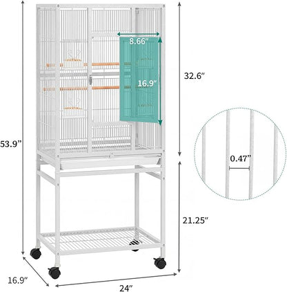 DWVO 53.9-Inch Metal Bird Cage: Large Parrot Cages with Seed Catcher & Cover - Rolling Stand with Brakes for Parakeets, Lovebirds, Cockatiels, Finches and Pigeons