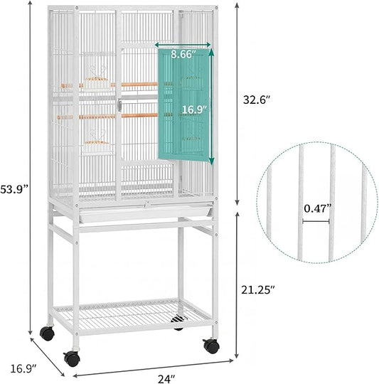 DWVO 53.9-Inch Metal Bird Cage: Large Parrot Cages with Seed Catcher & Cover - Rolling Stand with Brakes for Parakeets, Lovebirds, Cockatiels, Finches and Pigeons