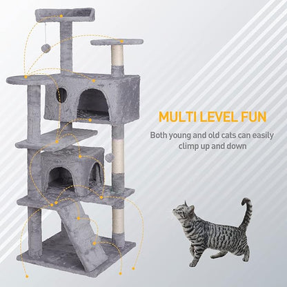 Multi-Level Cat Tree Tower with Condos, 54" Tall Cat Activity Center with Plush Perches and Toys, Space Saving Pet Playhouse for Kittens and Cats (Light Grey)