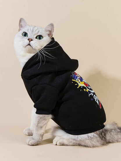 QWINEE Cartoon Bear Print Cat Hoodie Breathable Stretchy Sweatshirts with Hat Warm Cat Clothes for Small Medium Large Cats Dogs Multicolor L