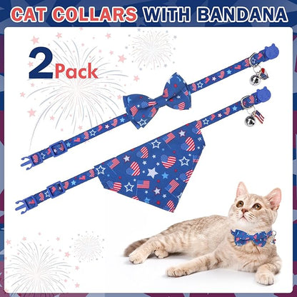SCENEREAL Independence Cat Collar with Bells, 2 Pack Breakaway Cat Collars with Removable Bowtie Bandana, Adjustable Cute Kitten Collar for Pet Small Dogs Boys Girls