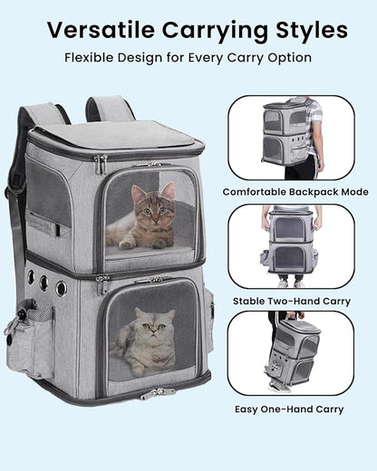 Double-Compartment Pet Carrier Backpack for Small Cats and Dogs, Cat Travel Carrier for 2 Cats, Perfect for Traveling/Hiking/Camping, Grey, XL