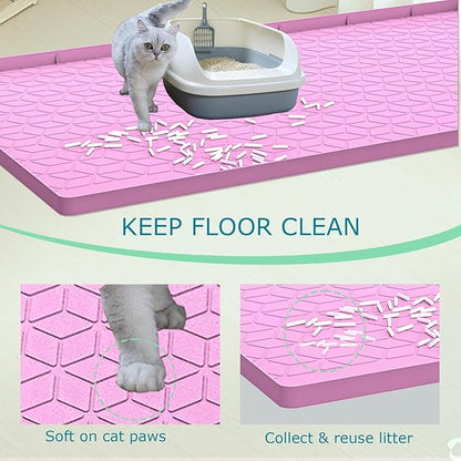 Cat Litter Mat, Silicone Large Cat Mat for Litter Box - 31x22 in, Waterproof & Non-Slip, Durable & Easy Clean, Pink