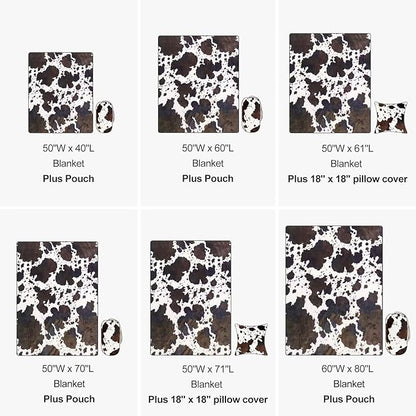 Bnuitland Brown Cow Print Flannel Throw Blanket (60x80 Inches) with Storage Pouch,300 GSM Double Sided Twin Size Bed Fleece Blanket, Super Soft Cozy Outdoor Lap Throw, Lightweight Fuzzy Home Decor