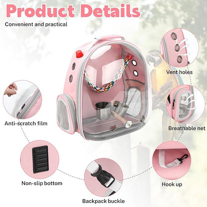Rypet Bird Carrier Backpack Parrot Portable Breathable Bag Pet Bird Lightweight Travel Cage with Standing Perch and Stainless Steel Tray（Pink）