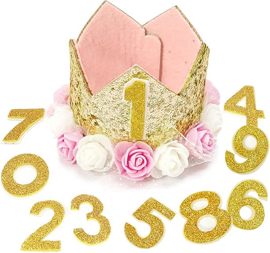 Dog Birthday Crown Hat - Reusable Party Crown with 0-9 Figures Charms for Dogs & Cats - Gold