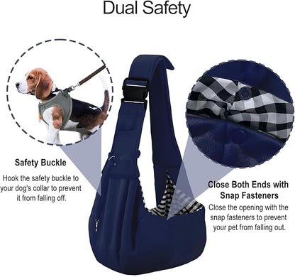 PETLOFT Reversible Dog Cat Sling Carrier, Small Dog Carrier, Adjustable Dog Sling, Hands Free Cross Body Carrier with Collar Hook for Dog/Cat/Bunny up to 11lb (Blue)