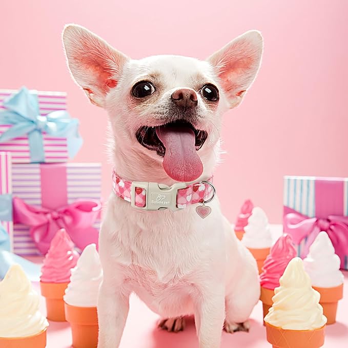 Valentines Dog Collar for Small Dogs - Cute Valentine Pink Hearts Girl Dog Collars, Adjustable Girly Puppy Collar with Quick Release Buckle for Female Dogs XS