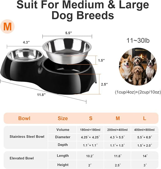 Double Dog Bowls Set – Non-Slip Pet Food & Water Dishes with Resin Stand, Includes Small (1 Cup) & Medium (2 Cups) Bowls – Ideal for Puppies and Cats –Black