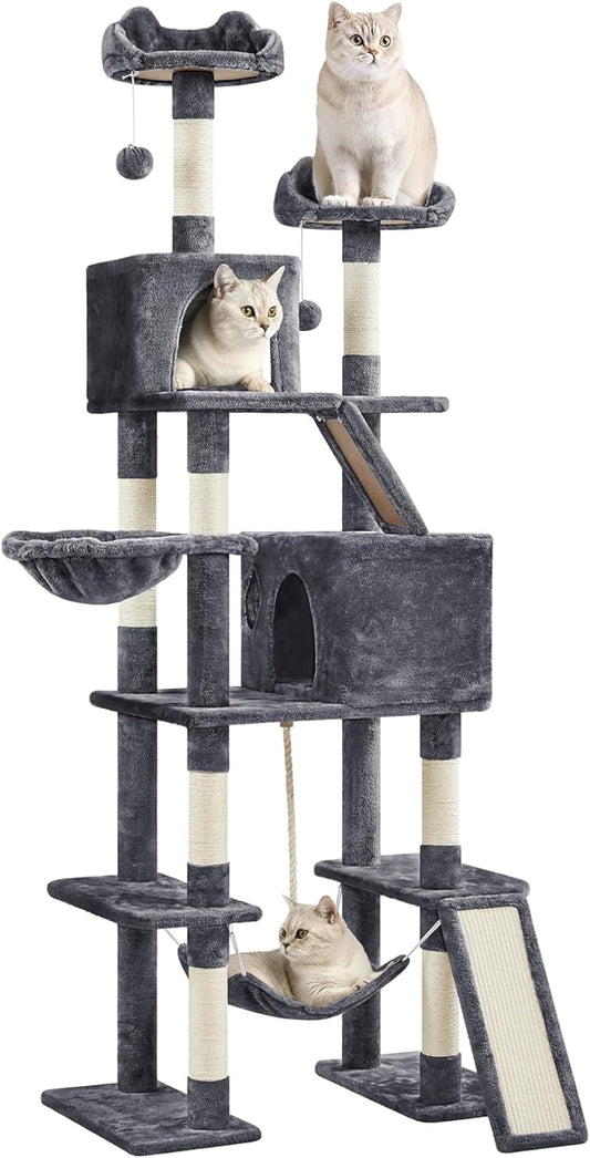 Yaheetech Cat Tree, 82.5in Large Tower w/Hammock, 2 Kitty-Ear Perches, 2 Cozy Condos, Scratching Posts, Basket, Furniture for Large Cats, Kittens, Dark Gray