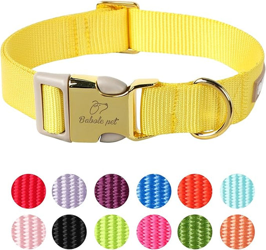Nylon Dog Collar - Adjustable Yellow Soft Webbing Dog Collars for Small Medium Large Dogs Boy Girl Puppy Collar with Safety Metal Buckle L