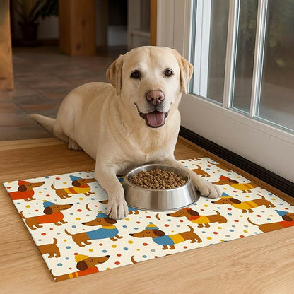 Adorable Dachshund Puppy Pet Food Mat with Colorful Polka Dot Pattern Pet Bowl Mat for Dogs and Cats Non Slip Feeding Mats Easy Clean Fast Dry Cat and Dog Feedings Mats 20" x 12"