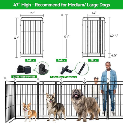 Heavy Duty Dog Playpen: 16 Steel Panels 47" Height, Square Steel Pipe with Reinforced Crossbars, 36FT 103 Sq.ft Portable Fence for Yard RV Camping, Snowy Black