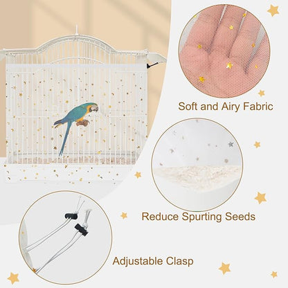 Bird Cage Cover, 60-118'' Large, 31.5'' H Adjustable Nylon Mesh Net, Soft Airy, White, Starry Sky Pattern, Drawstring, Breathable, Hand Wash Only