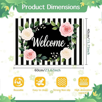 Pet Feeding Mat 24" x 16" Floral Stripe Welcome Design Non Slip Dog Food Mat and Cat Food Mat Easy Clean Puppy Feeding Mat for Indoor Cats Large Pet Food Mat for Food Bowls