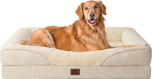 EHEYCIGA Orthopedic XL Dog Bed for Large Sized Dog, 42x30x7.5 Inch Extra Large Memory Foam Dog Couch Bed with Sides, Waterproof Liner & Washable Removable Cover, Bolster Pet Sofa, Beige