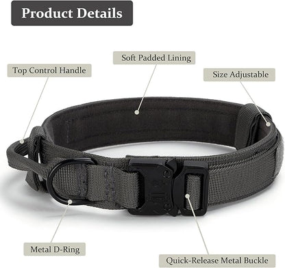 Tactical Dog Collar, Adjustable Military Training Nylon Dog Collar with Control Handle and Heavy Quick-Release Metal Buckle for Small Medium Large Dogs, Grey S
