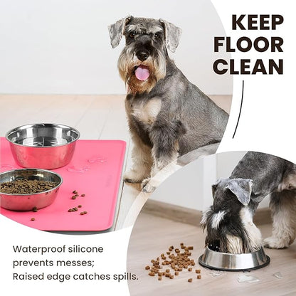 VIVAGLORY Dog Food Mat Flexmat Dog Bowl Mat, Placemat Food Tray with Raised Edges & Lip for Indoor Floor, Non Slip Waterproof Silicone Dish Placemat for Cat & Pet, S, Pink