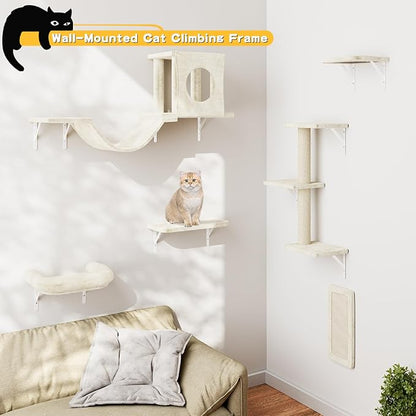 NUNU LAB Wall Mounted Cat Furniture Set - 6 Pcs Climber Set with House, Bridge, Steps, Scratcher Board - DIY Walls Playground, Indoor Cat Shelves - White