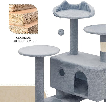 Athena Collection Cat Tree, 77 Inch Cat Tower for Indoor Cats, Multi-Level Cat Tree Tower Activity Center with 2 Cat Condo & Cat Scratching Post & Dangling Ball, Tall Cat Tree, Light Gray