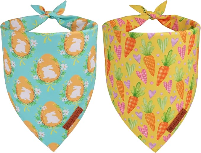 ADOGGYGO Easter Dog Bandana 2 Pack, Bunny Egg Carrot Print Pet Scarf Bib, Adjustable Fit Green Yellow Easter Bandanas for Small Dogs (Small)