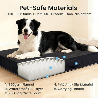 OhGeni Orthopedic Waterproof Dog Bed for Medium Large Dogs, Machine-Washable Removable Cover in Easy-Clean Fabric, High Density Foam & Easy-Carry Handle, Suitable for Crate, 35 inch (Black)