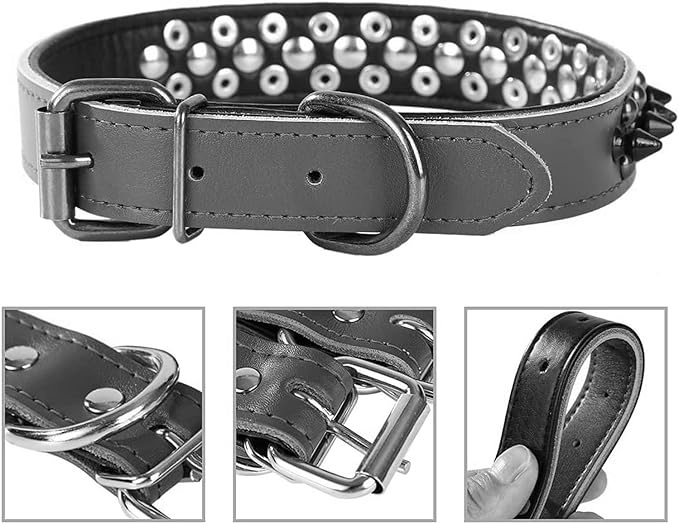 Spiked Studded Dog Collar, Genuine Leather Dog Collar, Adjustable Pet Collars for Medium Large Bulldog Pitbull Mastiff Poodle Boxer (M:29-38cm, Red-1)