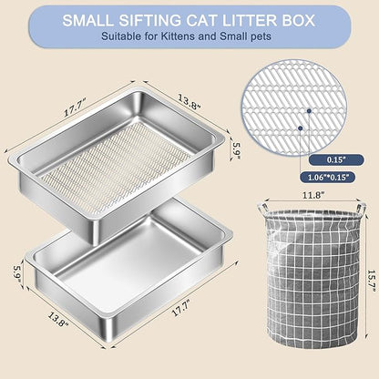 Teheao Stainless Steel Sifting Cat Litter Box for Clumping Litter, Kitty Large Metal Sifter Tray Pan with Cat Litter Bag, Low Dust, Odor Control, Easy Cleaning (17.7"*13.8"*5.9")