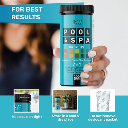 Pool Test Strips 7-in-1, 200 Quick and Accurate Pool and Hot Tub Test Strips - Pool Water Testing Kit for Chlorine, Bromine, pH, Hardness, More - All in 1 Swimming Pool Test Strips by JNW