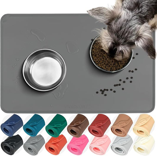 VIVAGLORY Dog Food Mat Flexmat Dog Bowl Mat, Placemat Food Tray with Raised Edges & Lip for Indoor Floor, Non Slip Waterproof Silicone Dish Placemat for Cat & Pet, S, Grey