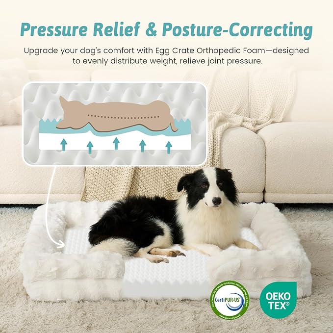 Orthopedic Dog Bed for Medium Small Size Dog, Soft and Warm Faux Fur Sofa for Pet Up to 40 lbs, Foam Bolster Anti-Slip Couch with Washable Removable Cover, M 30x20x6.5 inch, Beige