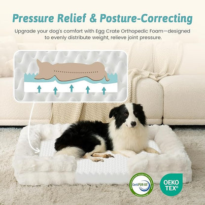 Orthopedic Dog Bed for Medium Small Size Dog, Soft and Warm Faux Fur Sofa for Pet Up to 40 lbs, Foam Bolster Anti-Slip Couch with Washable Removable Cover, M 30x20x6.5 inch, Beige