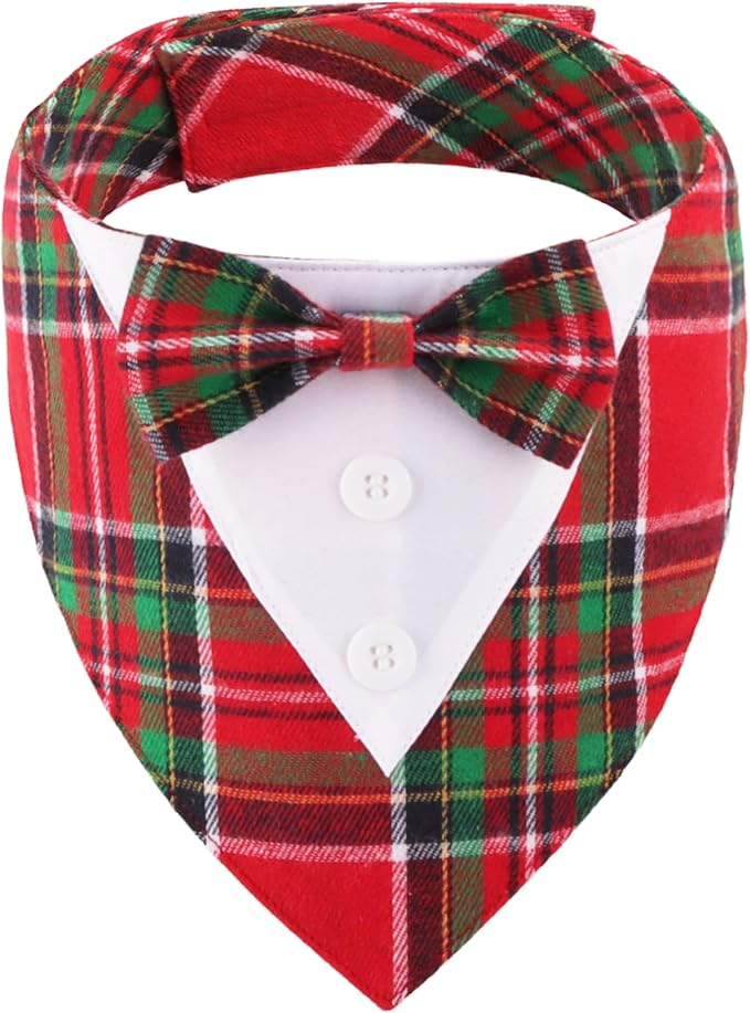 ADOGGYGO Christmas Dog Tuxedo Bandana, Red Green Plaid Pet Xmas Collar with Bow, Adjustable Christmas Costume for Extra Small Dogs (XS)