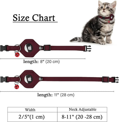 Breakaway Airtag Cat Collar with Removable Bell - Leather Pet Collar with Apple Air Tag Holder - Adjustable GPS Collars for Girl Boy Cats Kitten Puppy - Lightweight, Cute and Comfortable (Burgundy)