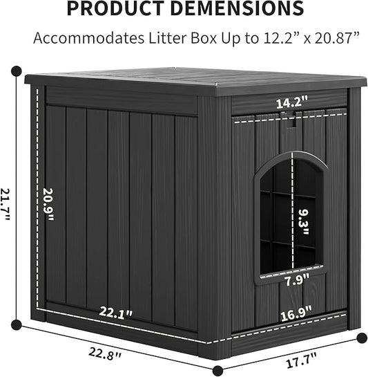 Cat Litter Box Enclosure, Plastic Hidden Litter Box Side Table with Openable Front Door, Waterproof & Weatherproof Cat Box Enclosure Cabinet for Indoor & Outdoor Use (Black)