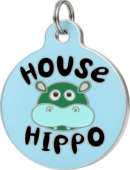 Bad Tags Personalized Dog and Cat ID Tags in 25+ Designs and 2 Sizes - 5 Lines of Custom Engraved Text - Funny Cute Personalized Pet Tags (House Hippo - Blue, Large (1.25 inch))