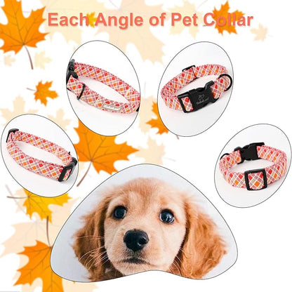 Fall Dog Collar, Fall Orange and Red Plaid Puppy Collar, Adjustable Cotton Holiday Tanksgiving Dog Collars for Small Medium Large Boy&Girl Dogs L