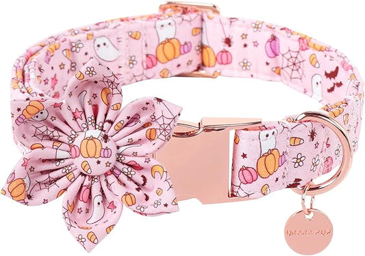 Halloween Dog Collar With Flower, Pink Puppy Collar With Adjustable Metal Buckle, Fancy Bowtie Gift for Girl Boy Dog, L